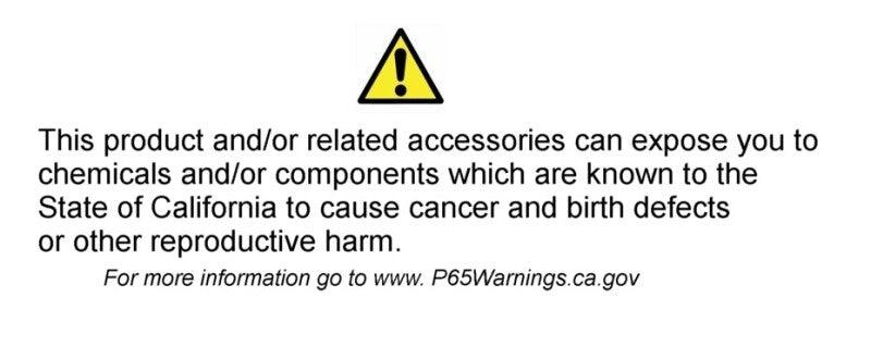 Warning label about cancer and birth defect risks due to chemicals, with a yellow triangle and exclamation mark on a black background.