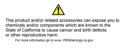 Warning label about cancer and birth defect risks due to chemicals, with a yellow triangle and exclamation mark on a black background.