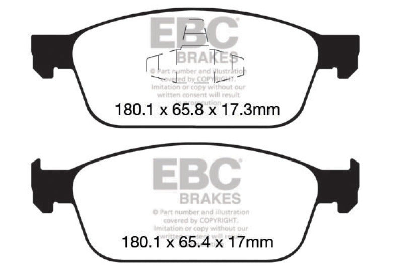 Two EBC Brakes brake pads with dimensions on a white background