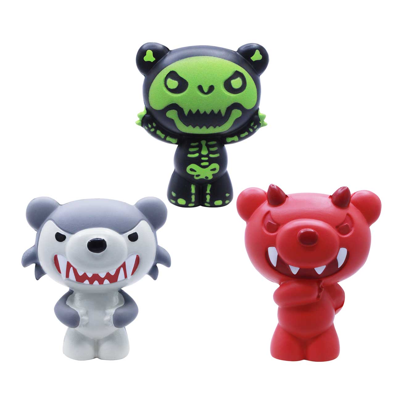 Three colorful toy figures on a white background