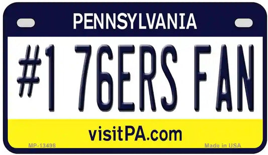 Pennsylvania Motorcycle license plate with '#1 76ERS FAN' text and visitPA.com website.