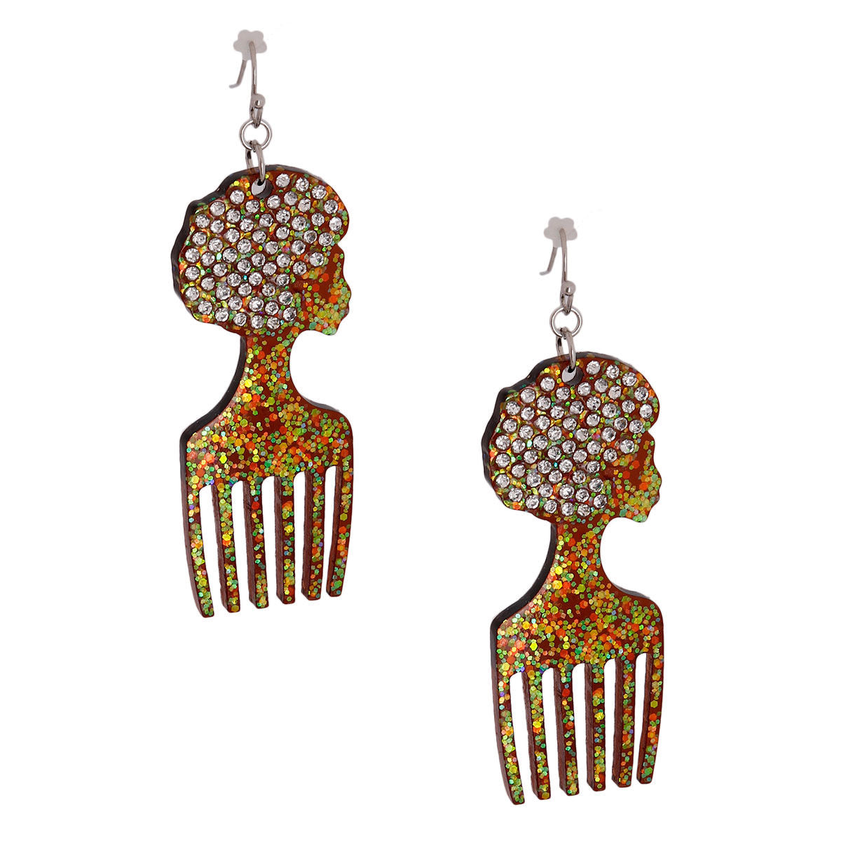 Brown Glitter Afro Hair Pick Earrings