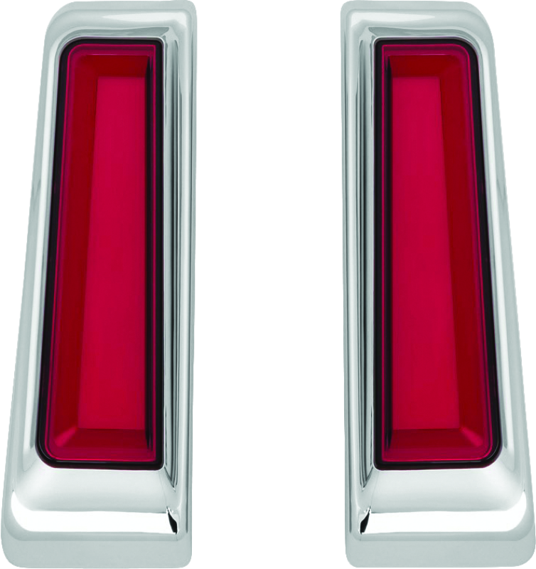 Pair of rectangular red lights with chrome frames on a white background