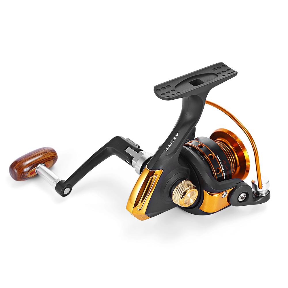 Fishing reel with black and gold design on a white background