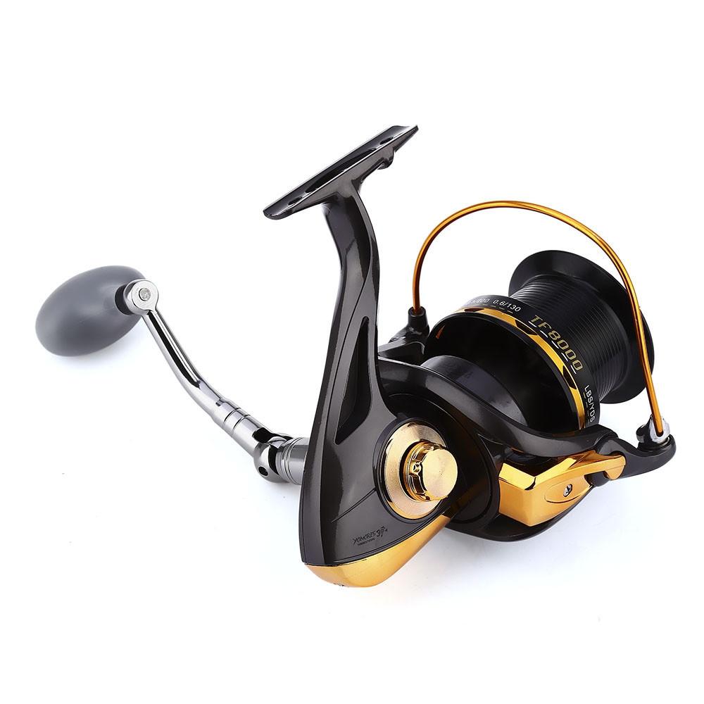 Fishing reel with black and gold finish on a white background