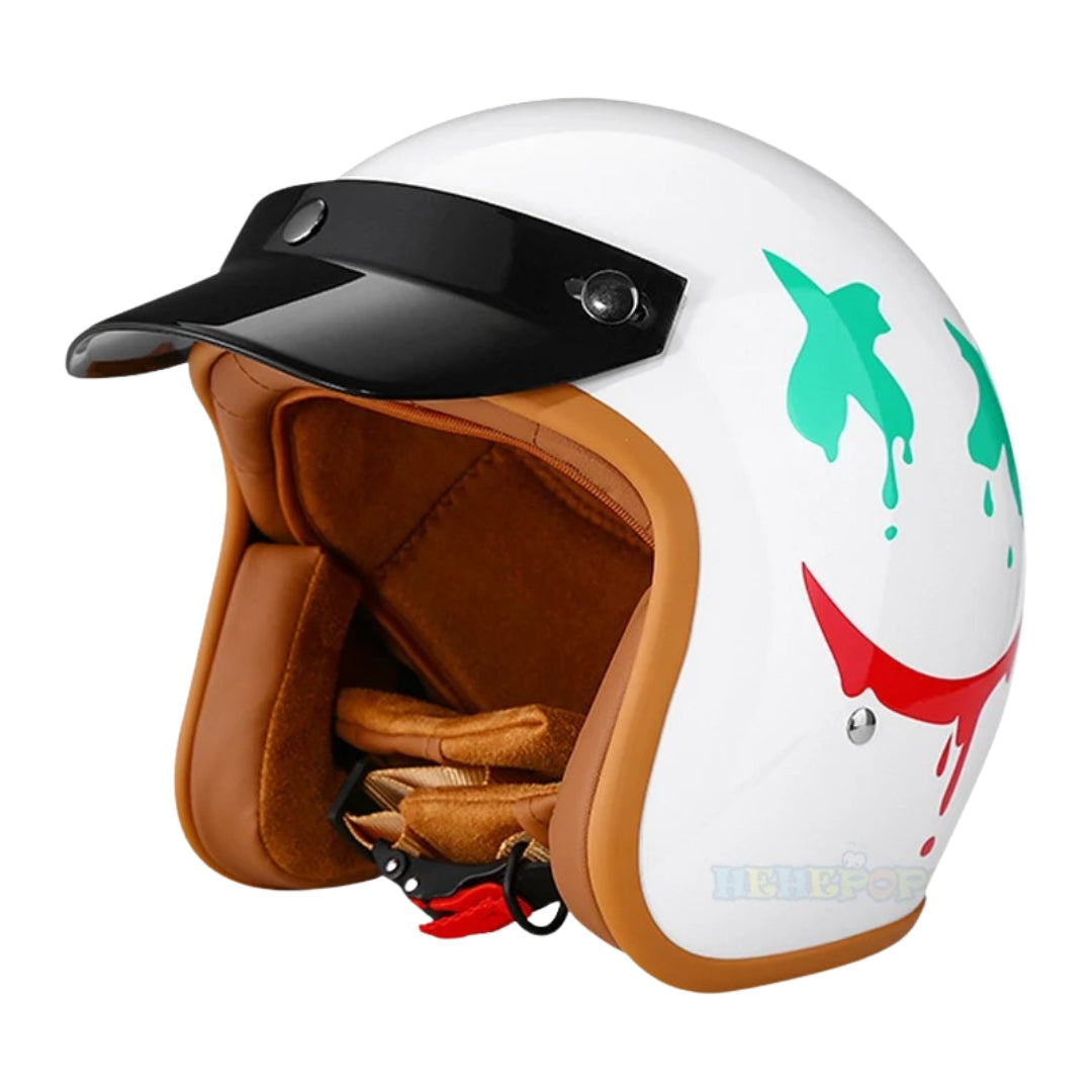 White motorcycle helmet with brown interior and colorful design on a white background