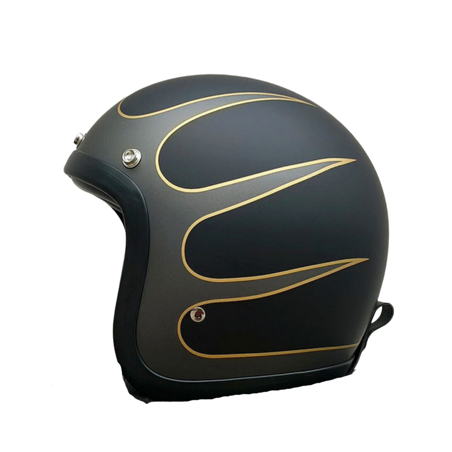 Black motorcycle helmet with gold accents on a white background