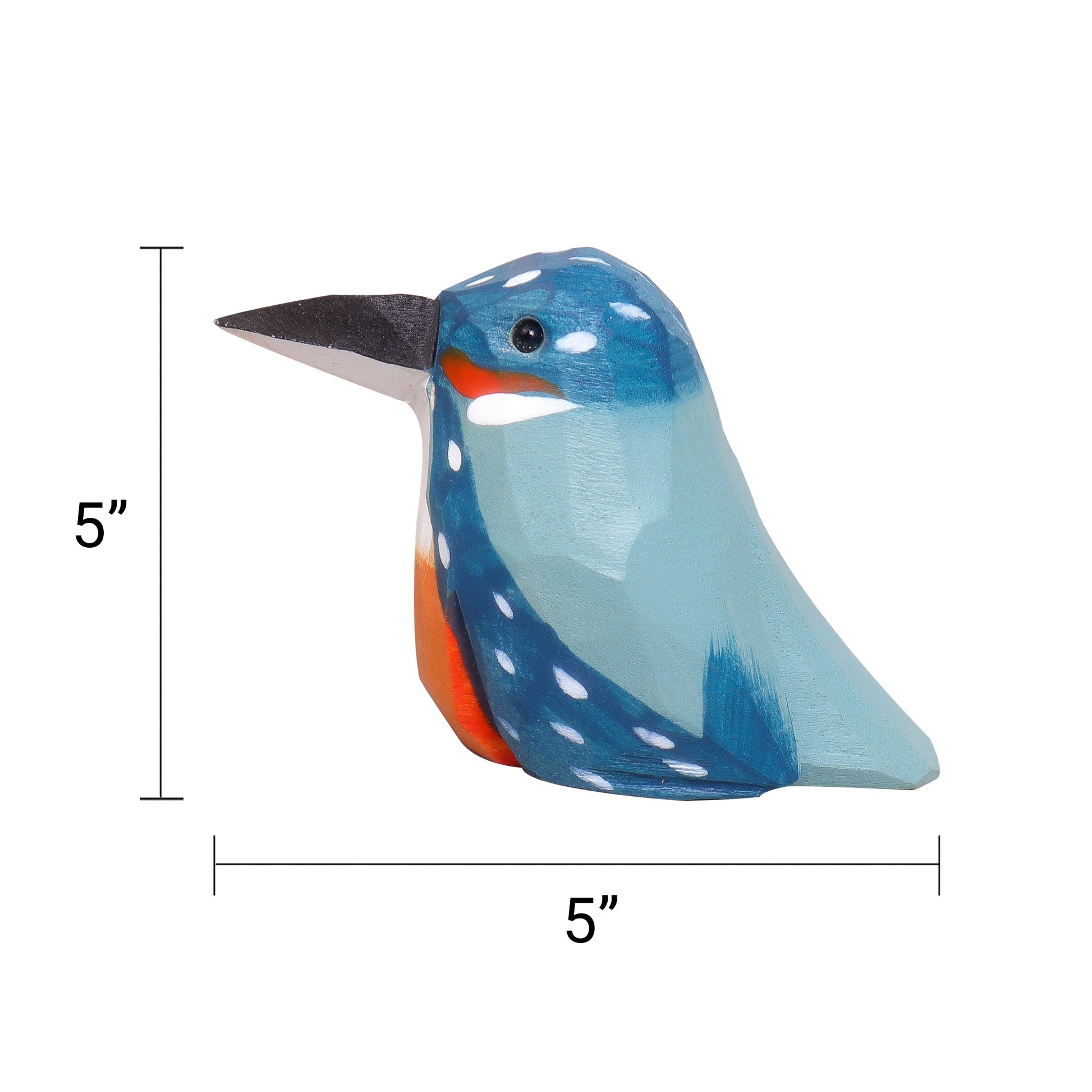 Woodenhummingbird figurine with measurements on a white background