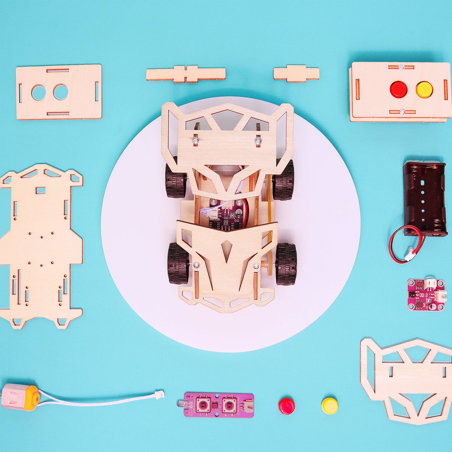 Wooden toy car kit on a blue background with various components.