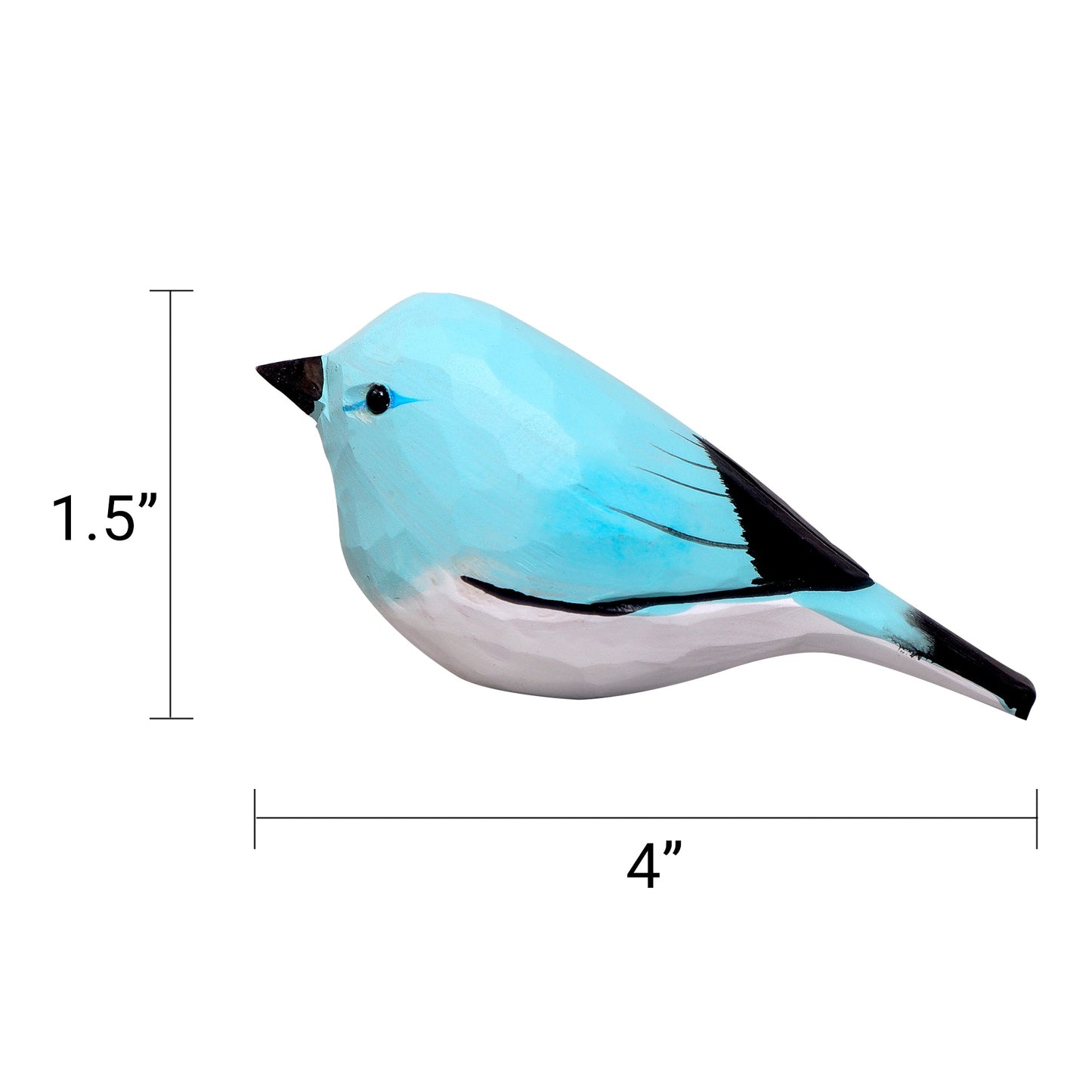 Blue bird figurine with measurements on a white background