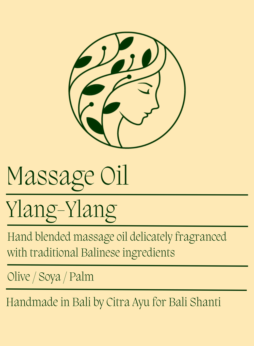 Ylang-Ylang massage oil label with a logo of a woman's face surrounded by leaves on a beige background.