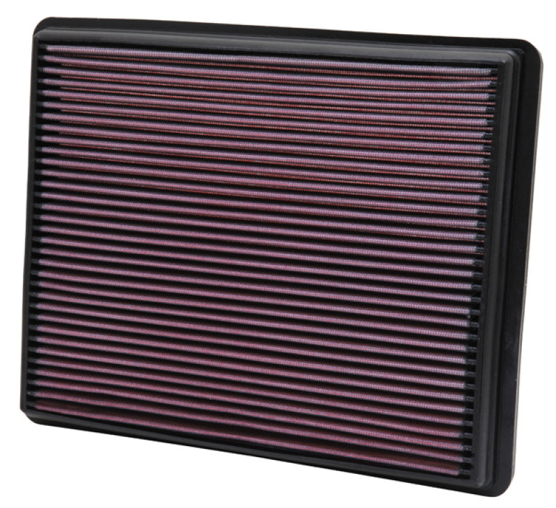 Rectangular air filter with black frame and purple pleated material on a white background