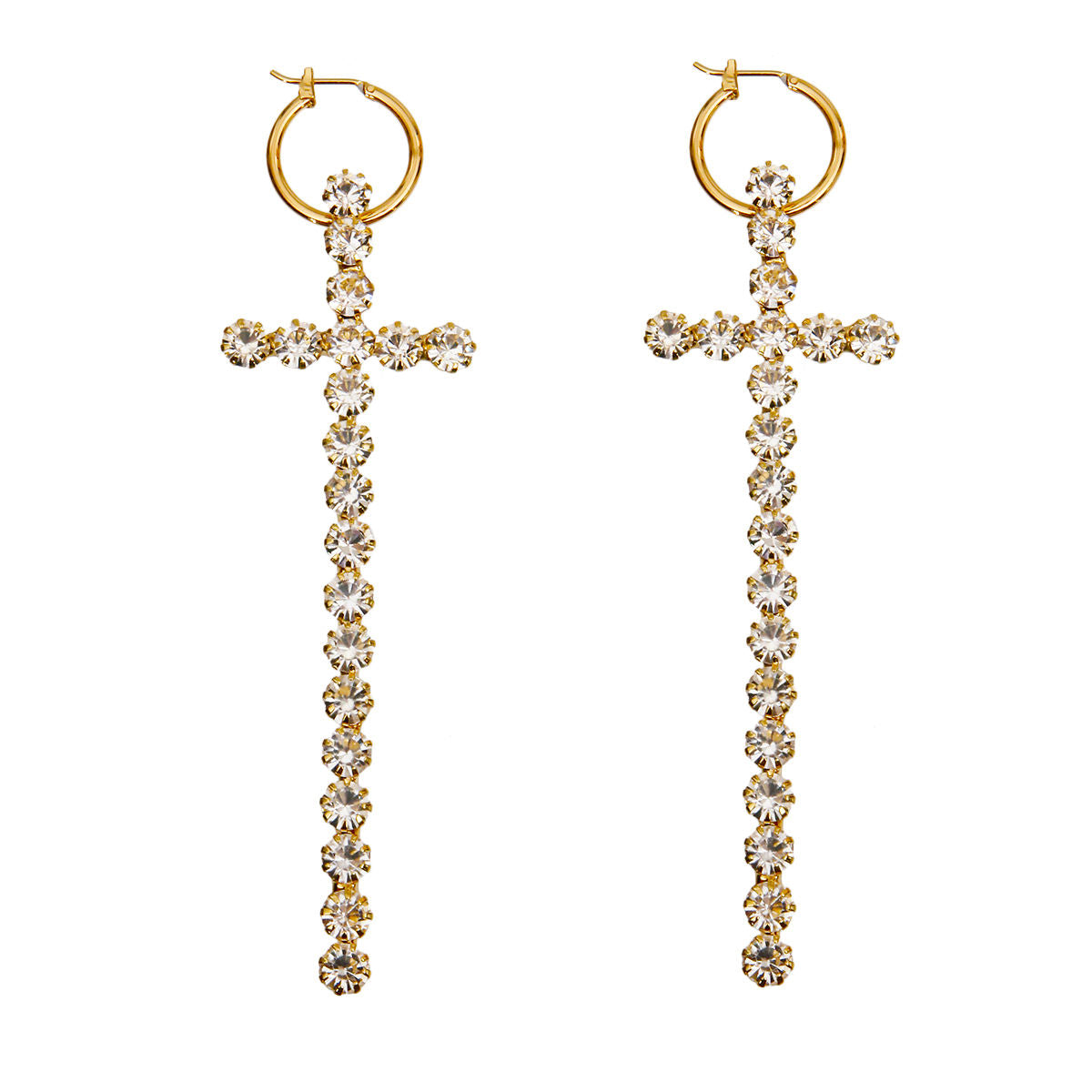 Gold Baby Hoop Earrings with Long Rhinestone Cross