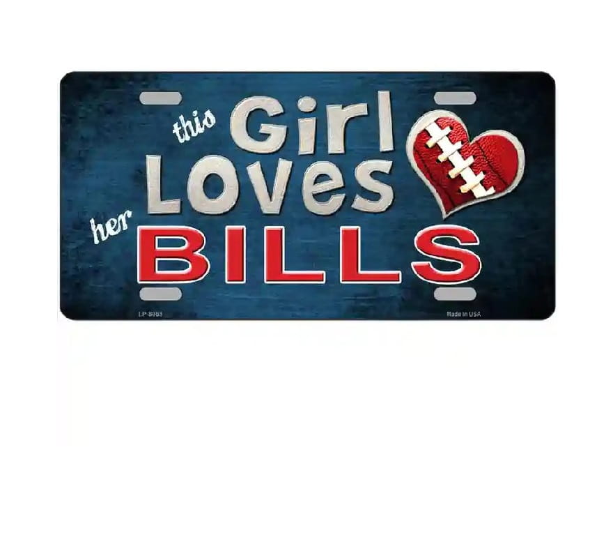 License plate with 'This Girl Loves her Bills' text and football design on a blue background