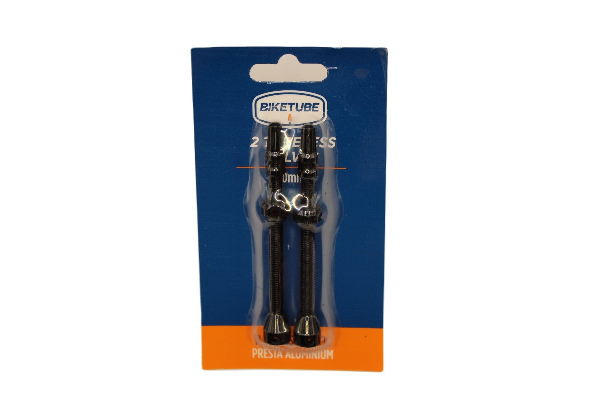 Bicycle tube valves set in packaging with 'Biketube' branding on a white background.