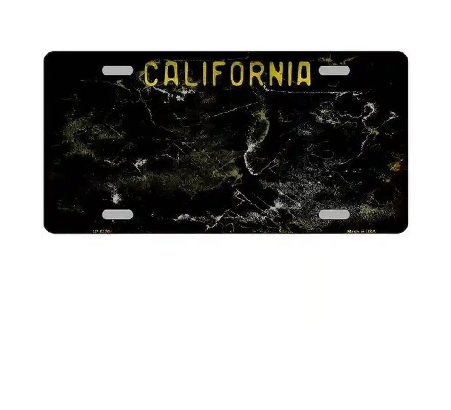 Black marble texture license plate with 'California' text on a white background