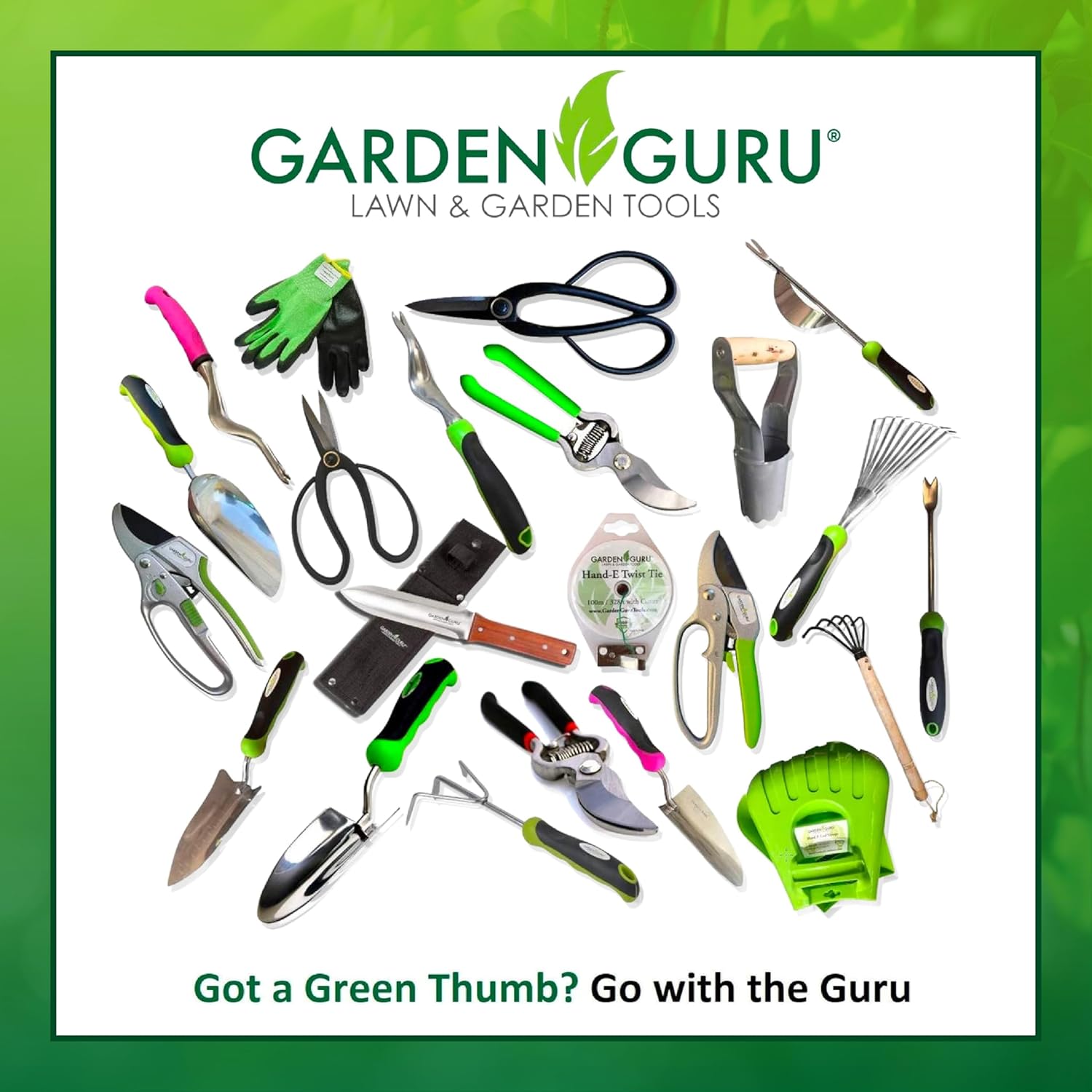 Collection of gardening tools with Garden Guru logo on a white background