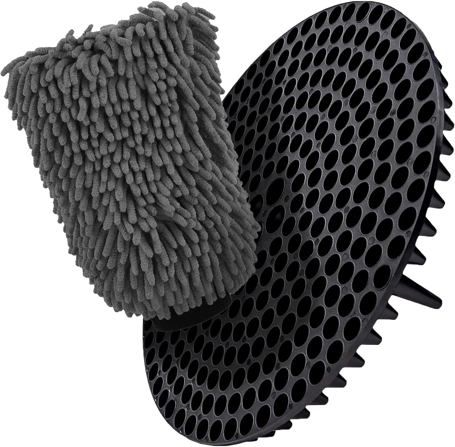 Gray chenille cleaning mitt and black rubber brush on a white background