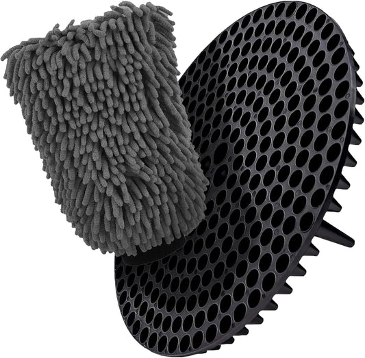 Gray chenille cleaning mitt and black rubber brush on a white background
