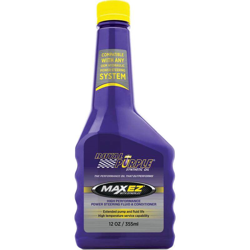 Purple bottle of Royal Purple synthetic oil with yellow cap on a white background