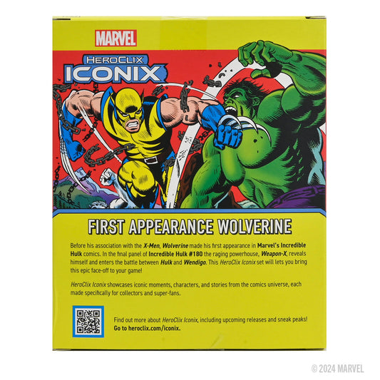 Marvel HeroClix Iconix packaging featuring Wolverine and Hulk with a yellow border.