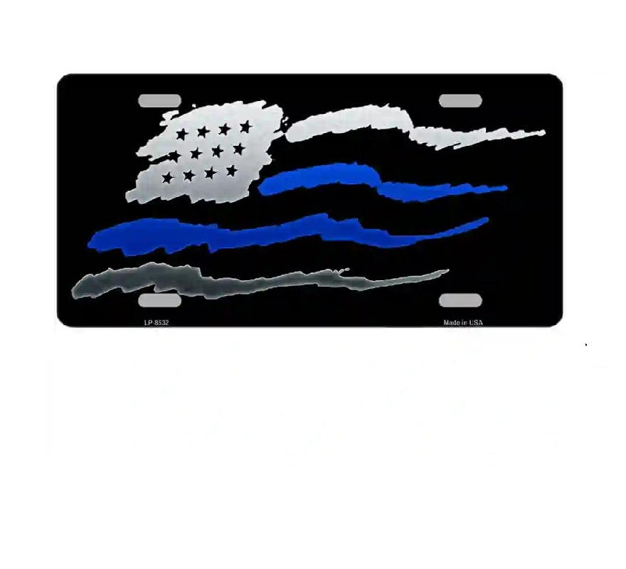License plate with American flag design featuring thin blue line on a white background