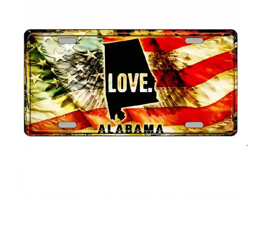 License plate with American flag design and 'LOVE ALABAMA' text on a white background