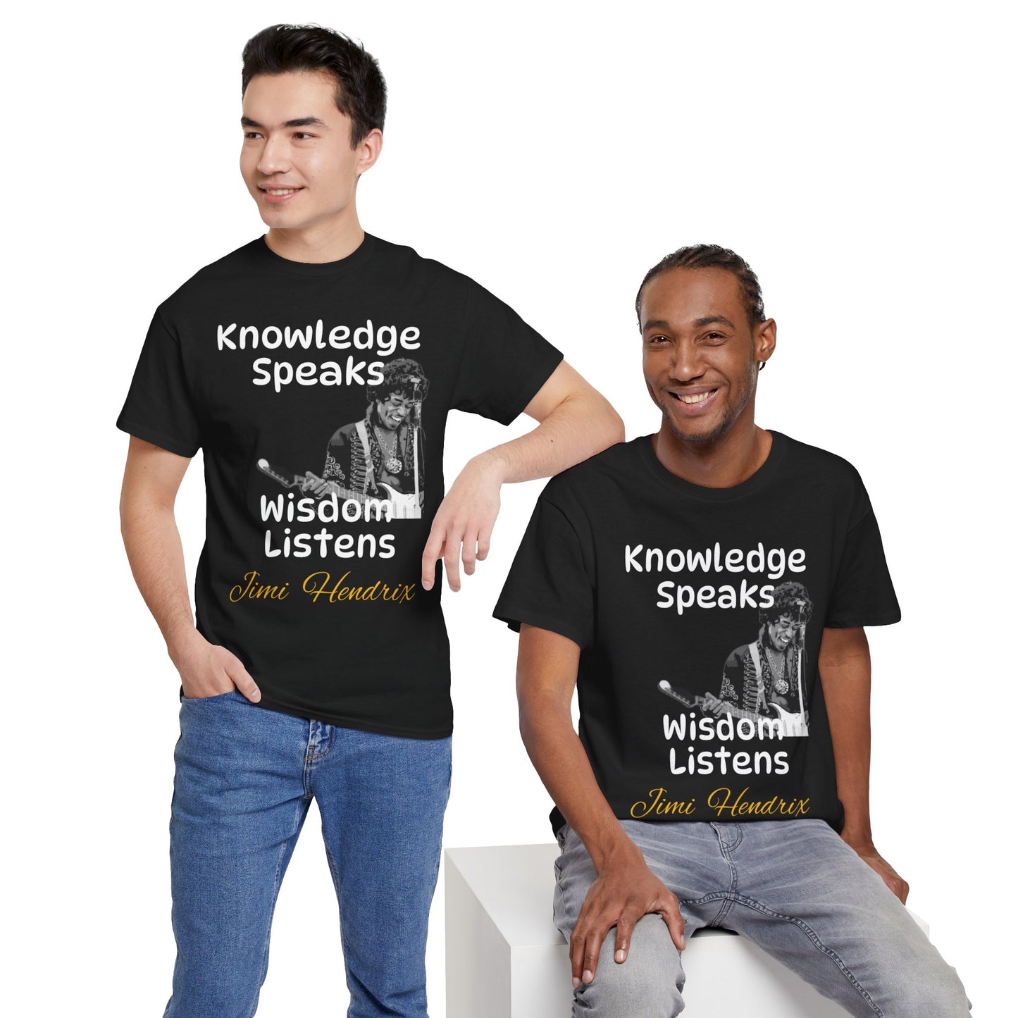 Jimi Hendrix Knowledge Speaks Unisex Heavy Cotton Tee in Use