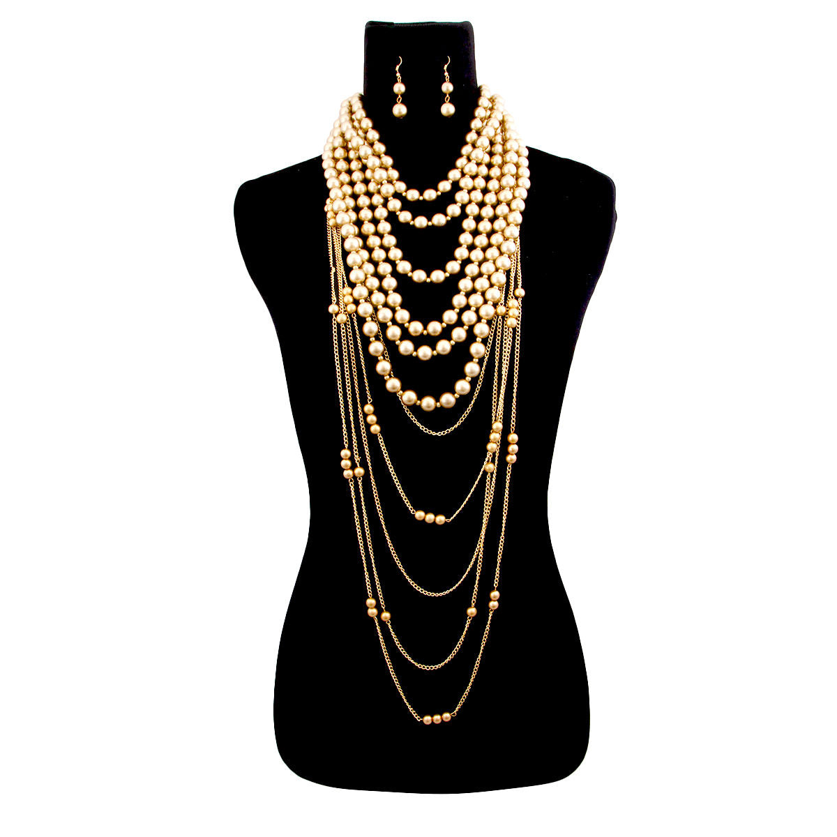 Gold Pearl and Back Drape Necklace Set