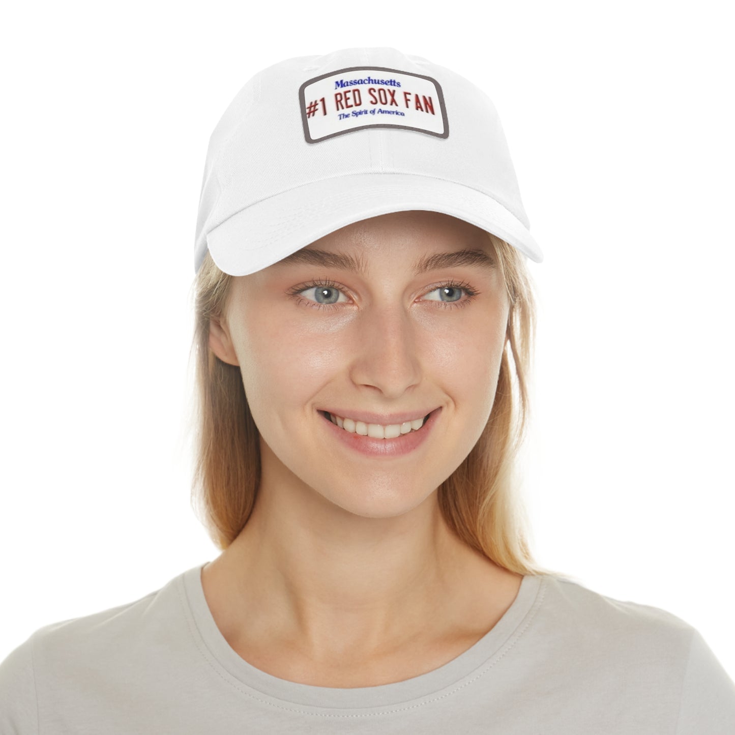 Female Model With White #1 Red Sox Fan Baseball Cap with Rectangular Leather Patch