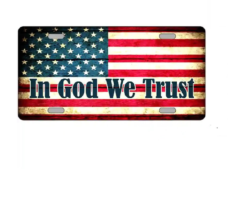 American flag license plate with 'In God We Trust' text on a white background