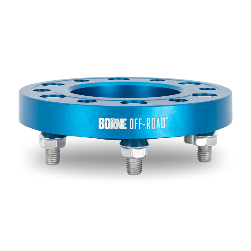 Blue wheel spacer with 'Borne Off-Road' branding on a white background