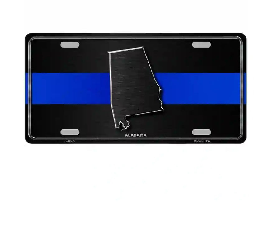 License plate with Alabama outline and thin blue line on a black background