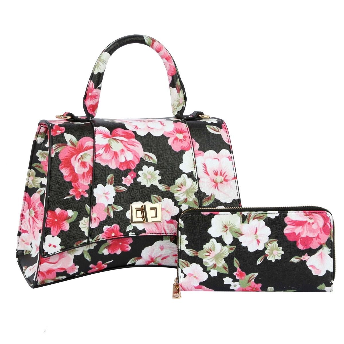 Black Floral Flal Top Handle Handbag Set