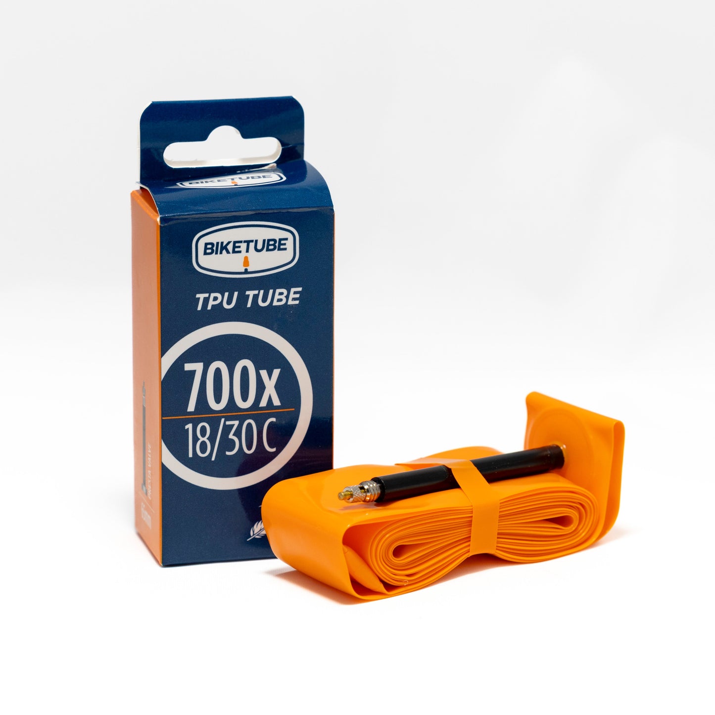 Orange bicycle tube with blue packaging featuring Biketube branding on a white background