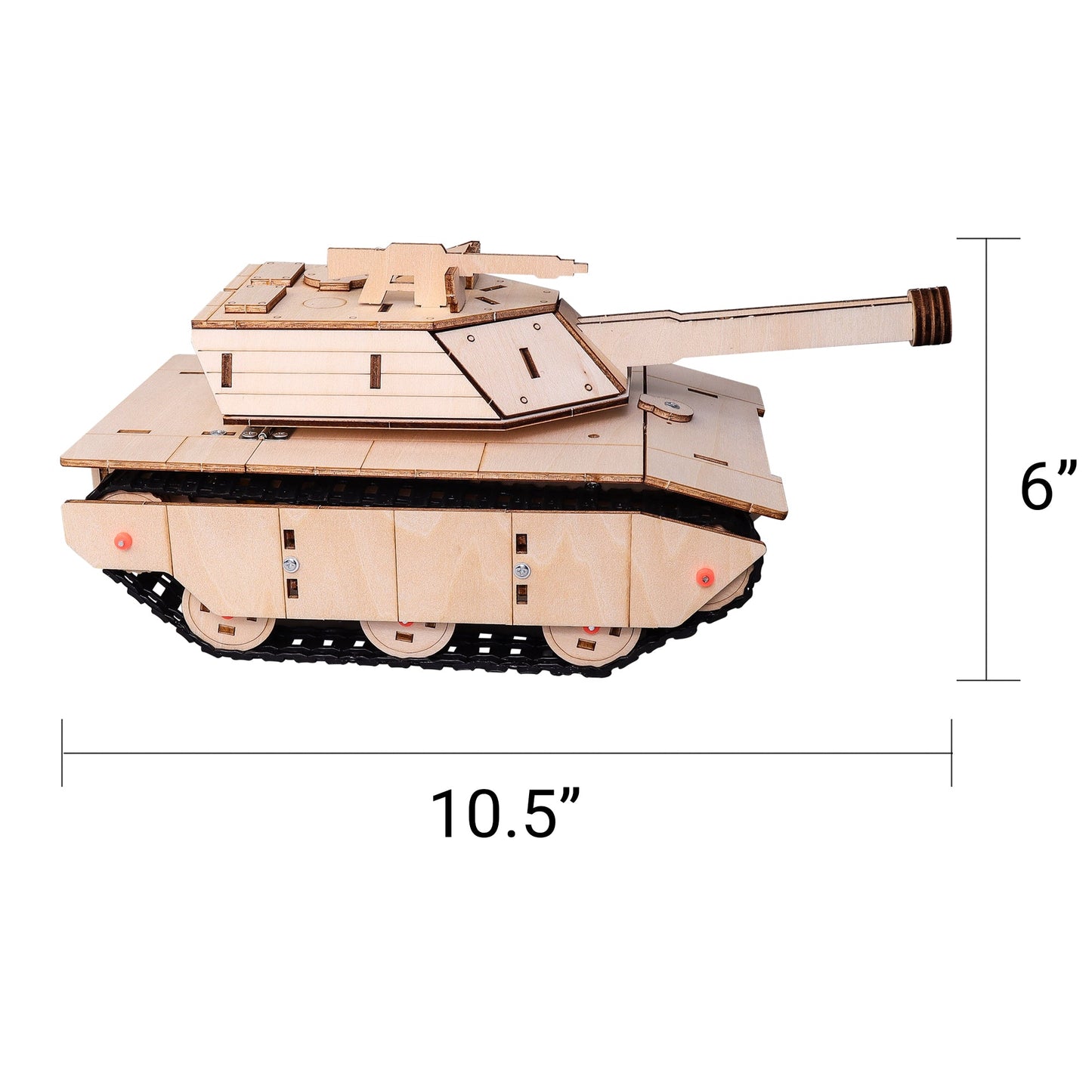 Wooden tank model with dimensions on a white background