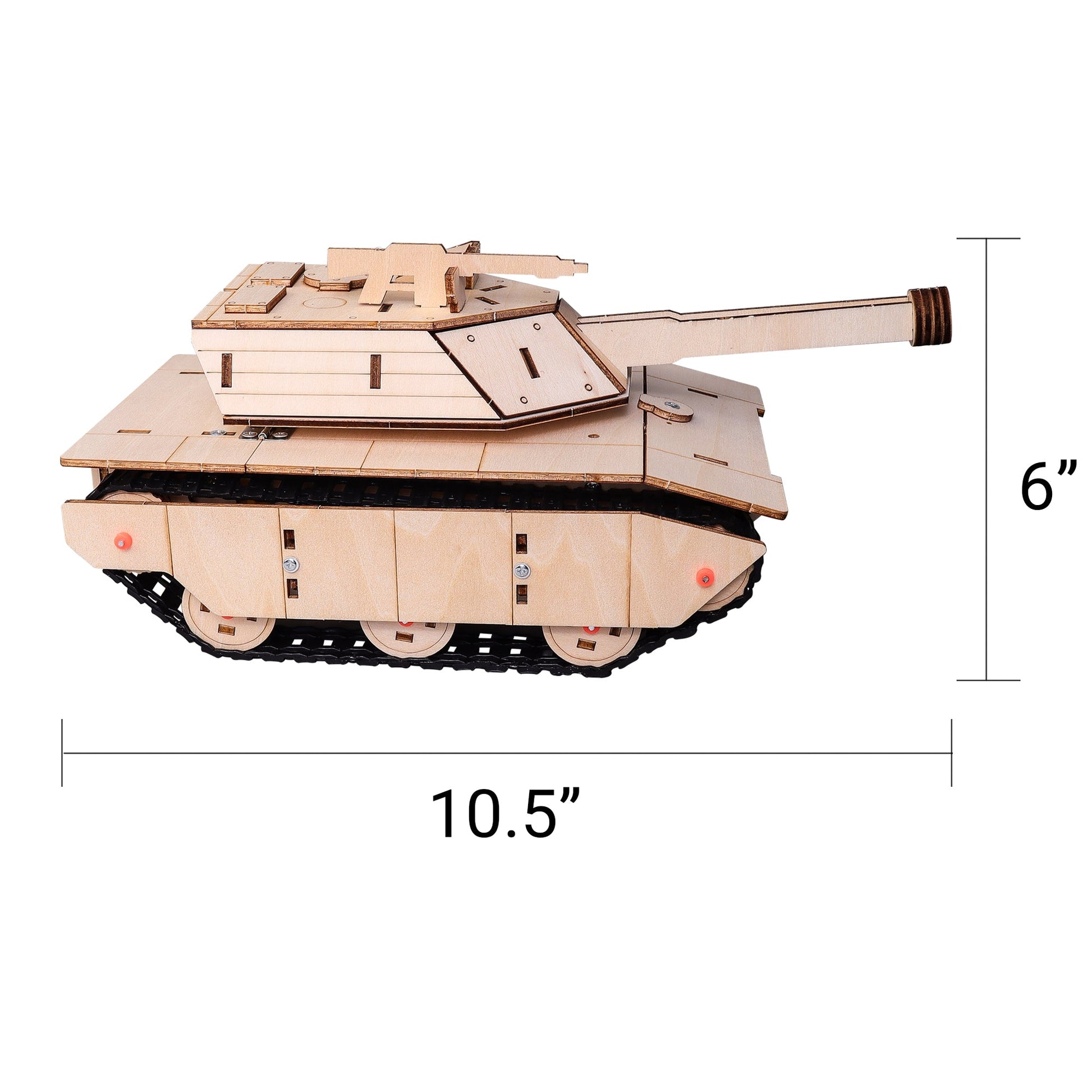 Wooden tank model with dimensions on a white background