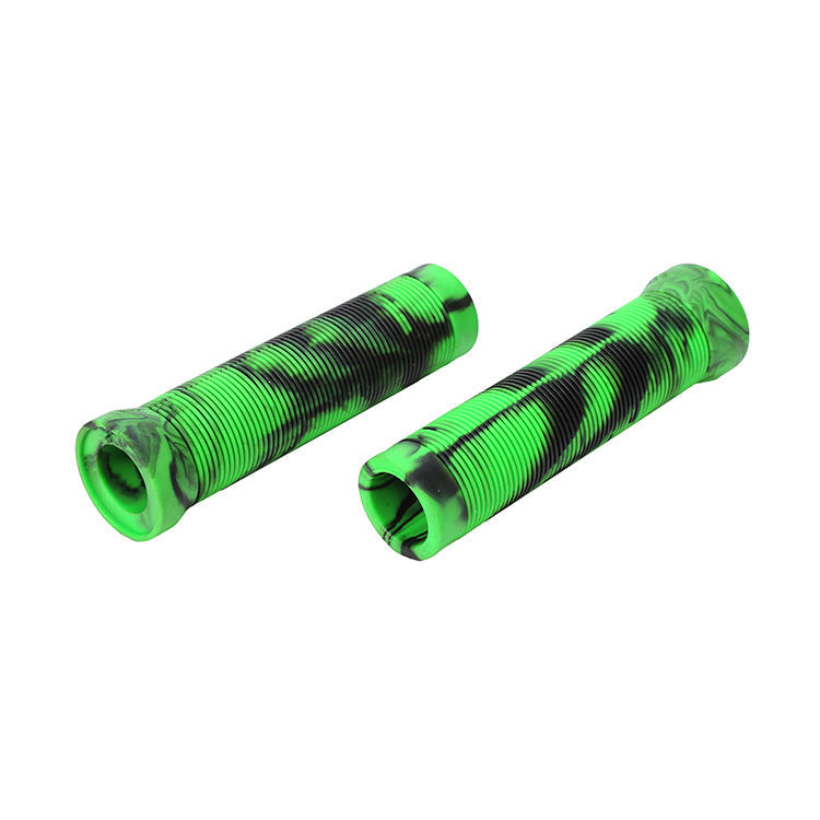 Two green and black striped bicycle handlebar grips on a white background