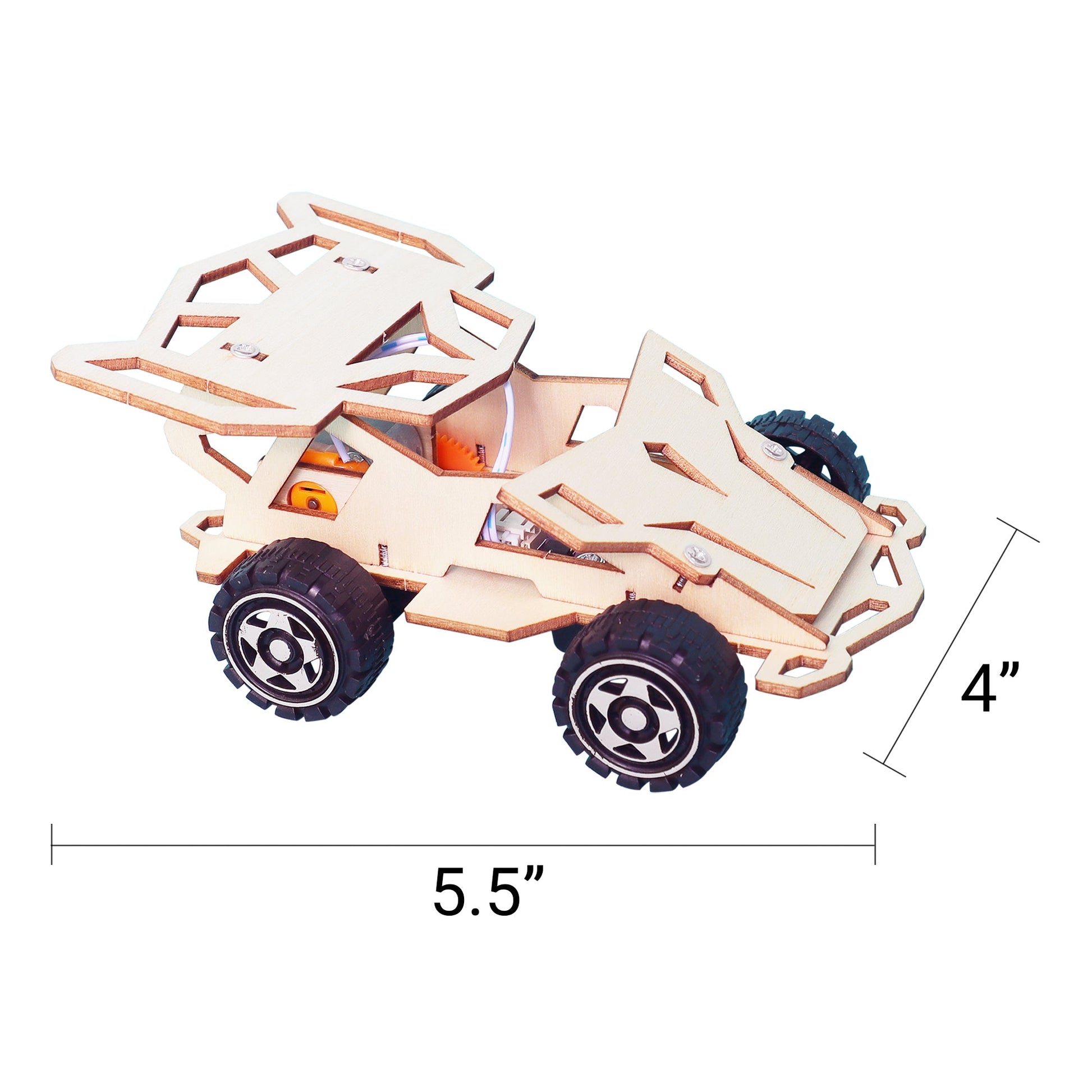 Wooden model of a truck with dimensions indicated on a white background