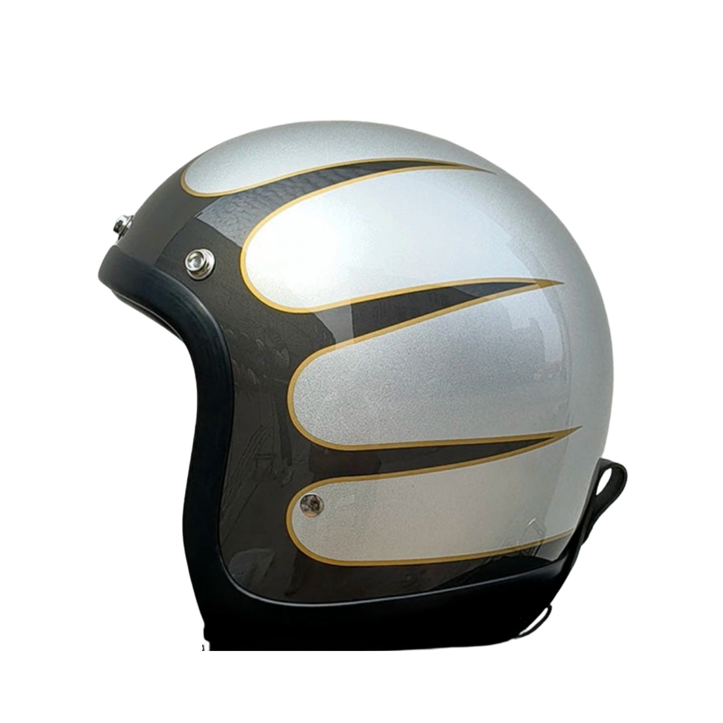 Motorcycle helmet with a black and gold design on a white background