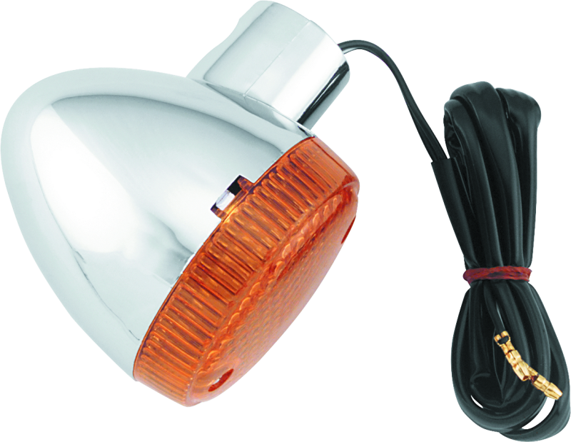 Orange motorcycle turn signal with cable on a white background