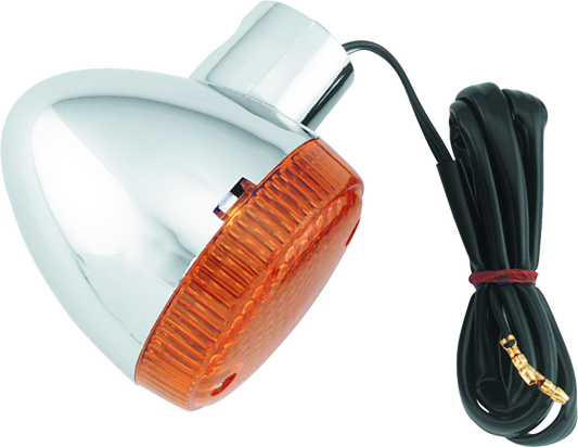 Orange motorcycle turn signal with cable on a white background