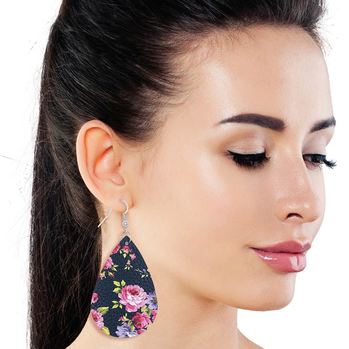 Pink Rose Printed Teardrop Earrings