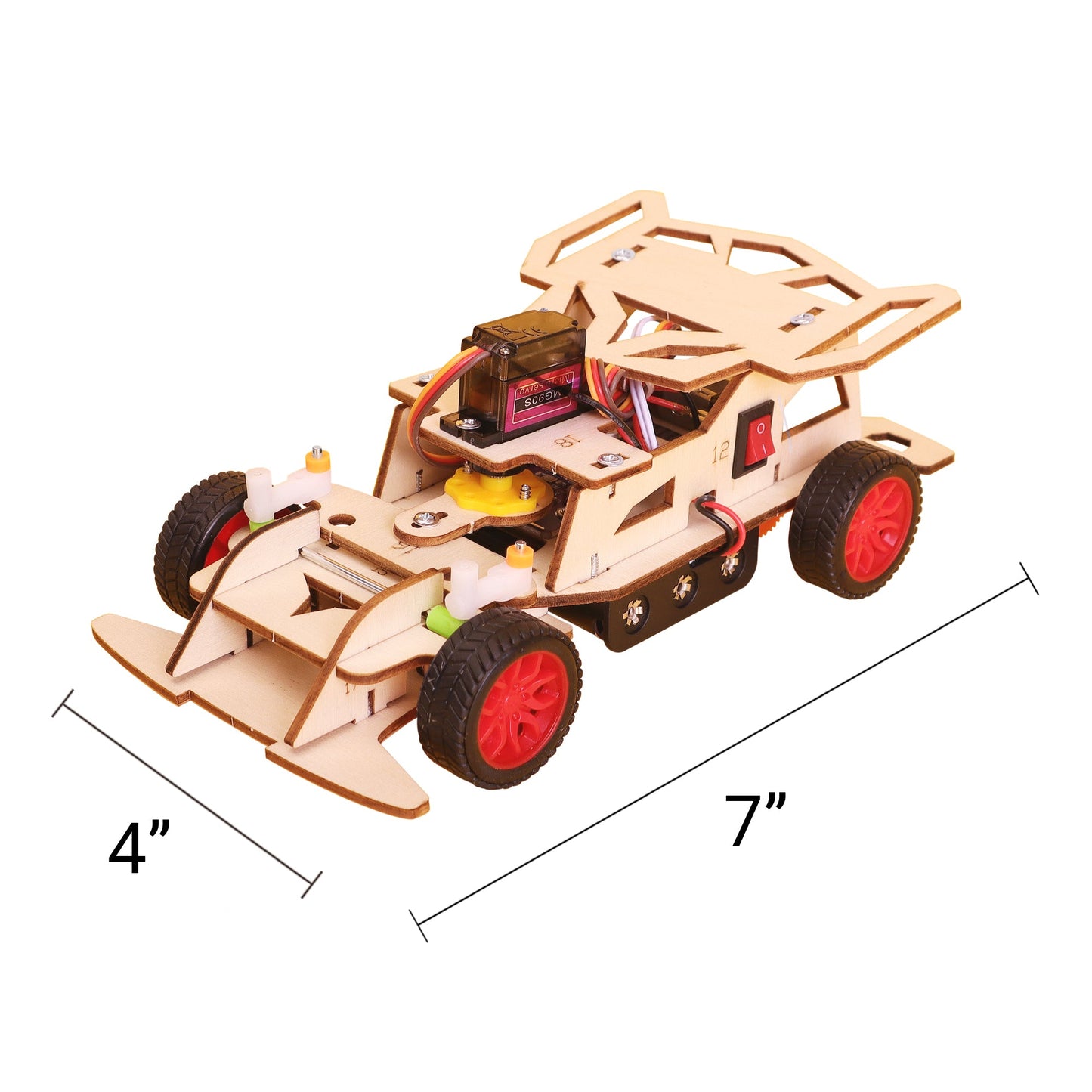 Wooden model car kit with dimensions indicated on a white background