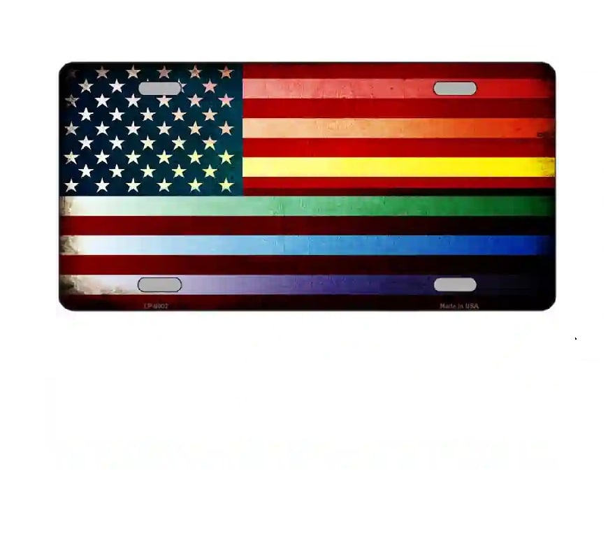 License plate with American flag design featuring rainbow colors on a white background