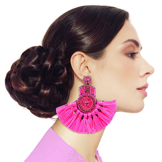 Fuchsia Raffia Fan Tassel Beaded Earrings