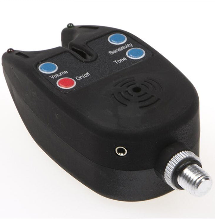 Black electronic Fishing Bite Alarm  with buttons and a volume control on a white background