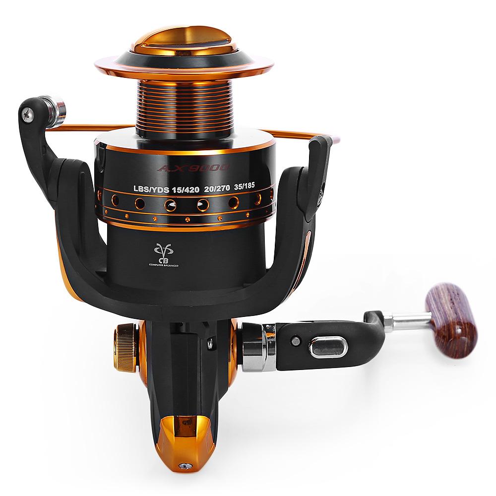 Fishing reel with black and orange design on a white background