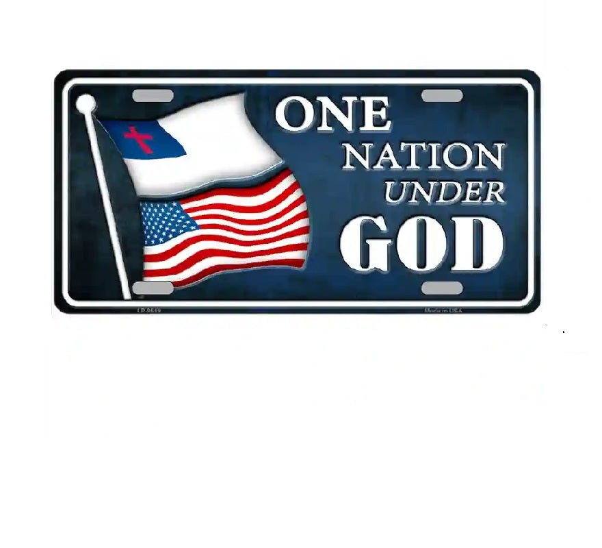 License plate with American flag, Christian cross, and 'One Nation Under God' text on a blue background