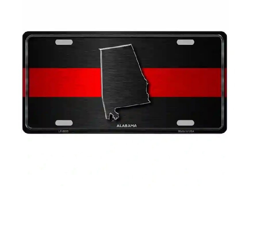 Black license plate with Alabama outline and red stripe